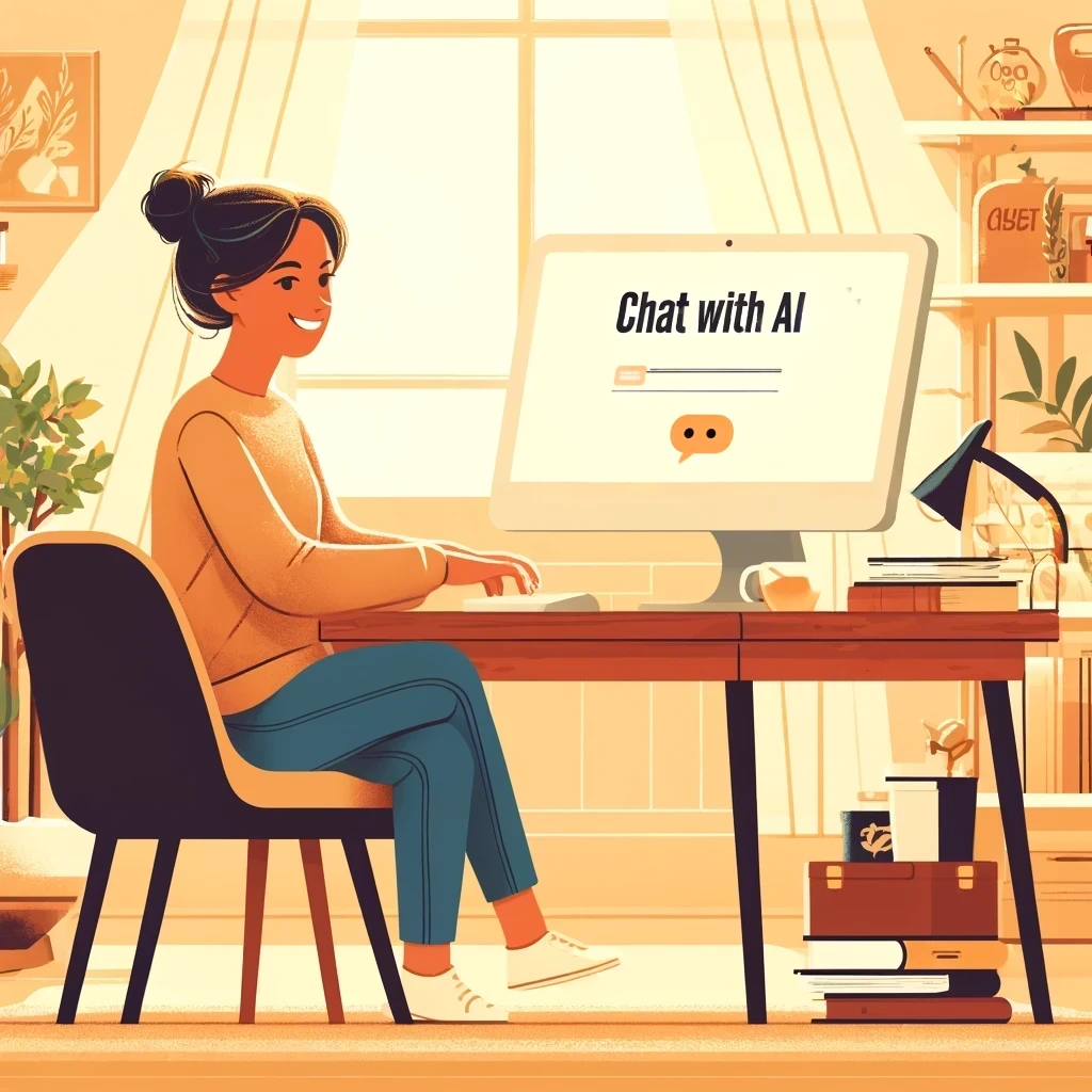 An engaging and friendly image illustrating a blog post titled 'Chat with AI'. The scene depicts a person of a diverse background sitting at a cozy desk