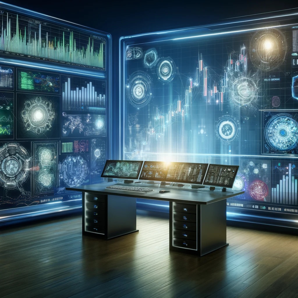 A futuristic trading desk-with multiple computer-screens displaying stock-market graphs AI-algorithms and digital-data flow.