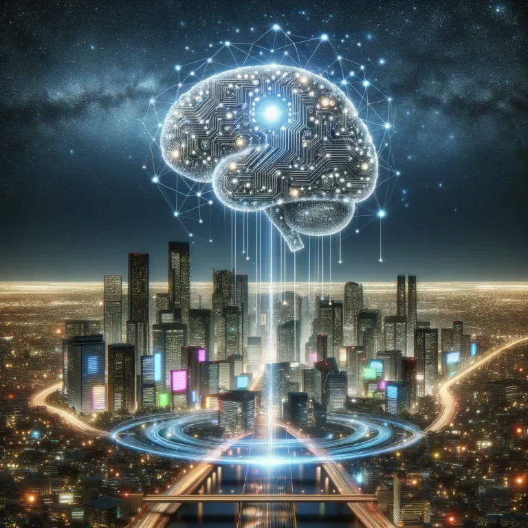 DALL·E 2024 05 11 16.51.34 A futuristic scene depicting the concept of artificial superintelligence. The image features a large glowing brain made of interconnected circuits an 11 768x768